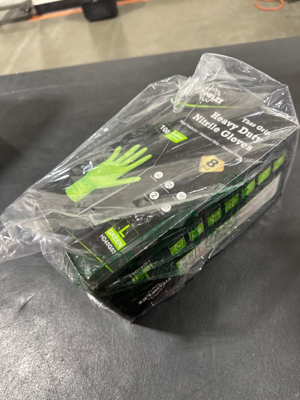 Photo 2 of Thor Grip Heavy Duty Green Industrial Nitrile Gloves with Raised Diamond Texture, 8-mil, Latex Free, Powder Free 100 Large (Pack of 100)