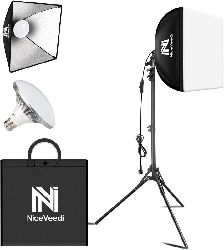 Photo 1 of Softbox Lighting Kit, NiceVeedi 16'' x 16'' Softbox Photography Lighting Kit with 63” Tripod Stand & 5400K 450W Equivalent LED Bulb, Continuous Lighting for Photography/Video Record/Live Streaming
