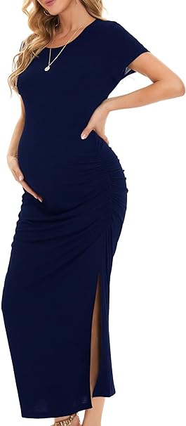 Photo 1 of Ever-Pretty Women's Round Neck Short Sleeves Bodycon Ruched Split Floor Length Maternity Causal Dress 40057-EY - M