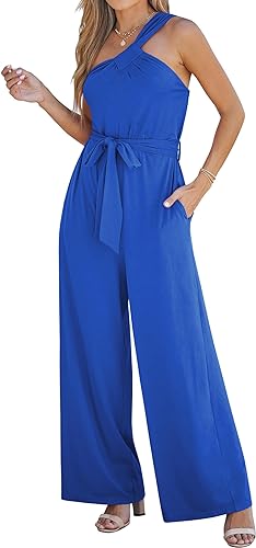 Photo 1 of luvamia One Shoulder Jumpsuits for Women Dressy Casual Wide Leg Baggy Jumpsuit Overalls with Pocket Belted Comfy Long Rompers - XL 
