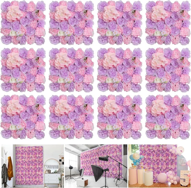 Photo 1 of Artificial Silk Flower Panels Wall 15 * 15inch - 12Pack 3D Floral Wall Backdrop for Wedding Birthday Party Baby Showers Photo Background Decoration Pinkish Purple
