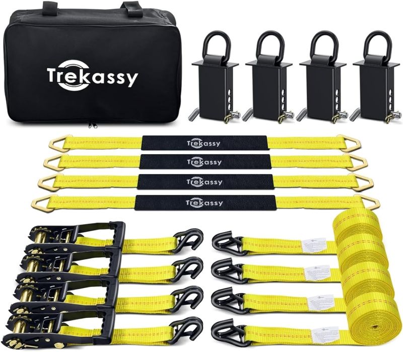 Photo 1 of Trekassy Car Tie Down Straps for Trailers with Stake Pocket D Ring, 2" x 96" Ratchet Car Straps with J Hooks, 10,000lbs Break Strength, Includes 4 Pack 36 Inch Axle Straps
