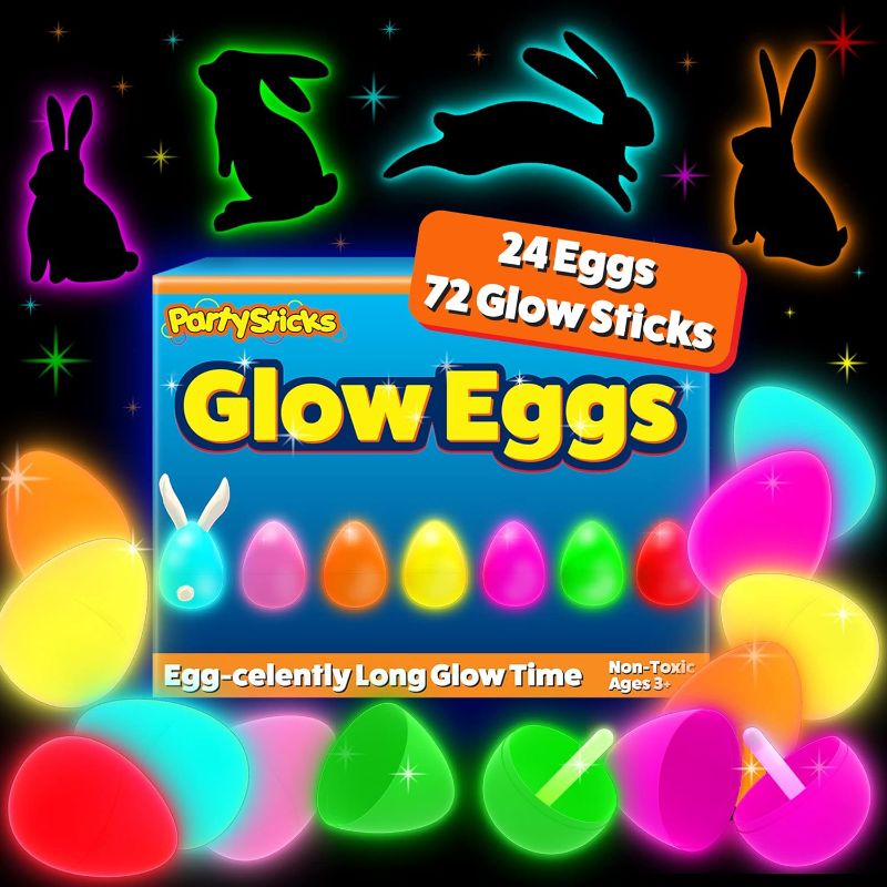 Photo 1 of PartySticks 24 Easter Glow Eggs & 72 Mini Glow Sticks 96pcs Total, Glow-in-The-Dark Kids Teens Adults Easter Basket Stuffers Fillers Gift, Egg Hunt Game Bulk Party Favors, Boys Girls Classroom Prizes

