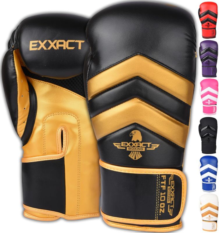 Photo 1 of Exxact Sports Clash Boxing Gloves for Men, Durable Engineered Leather Mens Boxing Gloves with Padded Protection, Womens Boxing Gloves for MMA, Muay Thai & Sparring Gloves 14 OZ Black/Gold