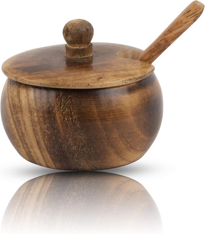 Photo 1 of Decorative Rustic Wooden Sugar Bowl & Spoon With Lid Wide Mouth Candy Treat Jar Spice Jar Holder Condiment Nuts Serving Bowl Pot Salt Spice Herb Loose Leaf Tea Storage Container Novelty Home & Kitchen
