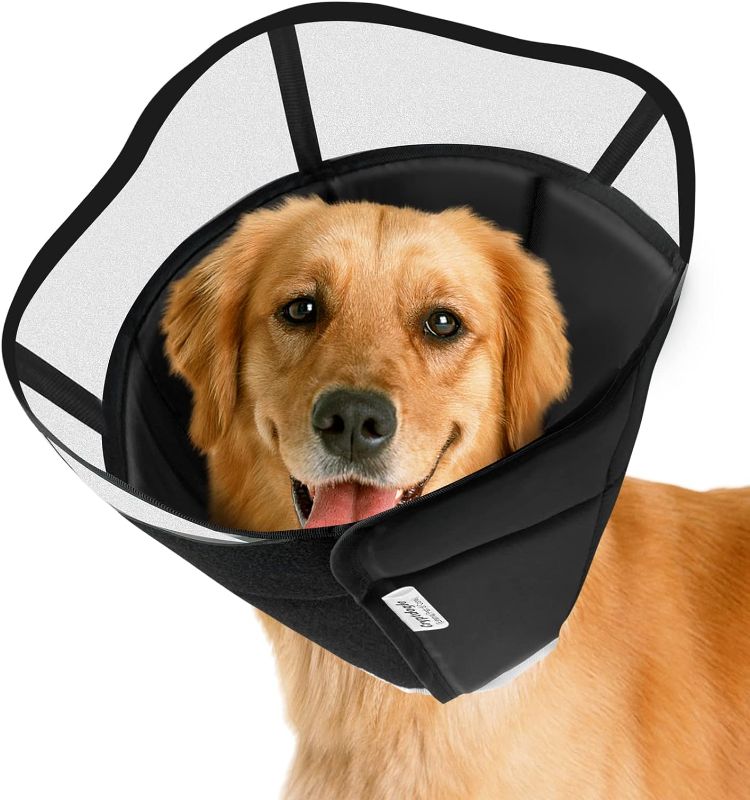 Photo 1 of Soft Dog Cone for Dogs After Surgery, Breathable Pet Recovery Collar for Large Medium Small Dogs and Cats, Adjustable Dog Cone Collar, Elizabethan Collar (L, Black)
