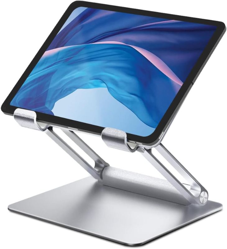 Photo 1 of ALASHI Tablet Stand for Desk, Multi-Angle Adjustable Tablet Holder, Foldable Portable Ergonomic Design, Premium Metal Tablet Riser Compatible with 7 to 13.3 Inches Tablets, Silver
