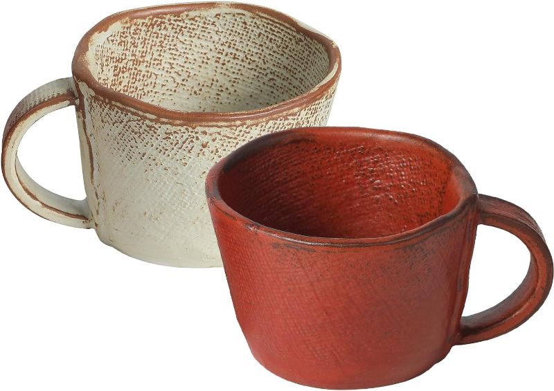Photo 1 of Handmade Primitive Coffee Mugs, Old Barn Weathered Design Ceramic Coffee Cup Set of 2, 8 oz(Beige and Red)

