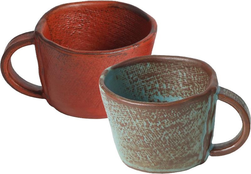 Photo 1 of Handmade Primitive Coffee Mugs, Old Barn Weathered Design Ceramic Coffee Cup Set of 2, 8 oz(Blue and Red)
