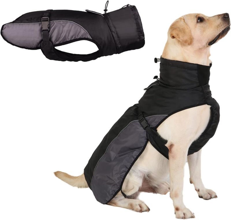 Photo 1 of Windproof Warm Coat for Medium Large Dogs Waterproof Outdoor Jacket with Polar Fleece Comfortable Adjustable Pet Vest Lightweight Coat,Black,4XL

