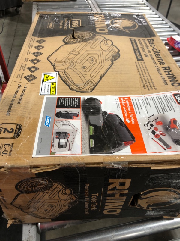 Photo 1 of Camco Rhino 15-Gallon Portable Camper / RV Tote Tank - Features Large Heavy-Duty No-Flat Wheels & Low Drain Hole - Includes Removable Steel Tow Adapter, 3’ RV Sewer Hose & More RV Accessories (39000) 15 Gallon Heavy Duty (2 Wheel)