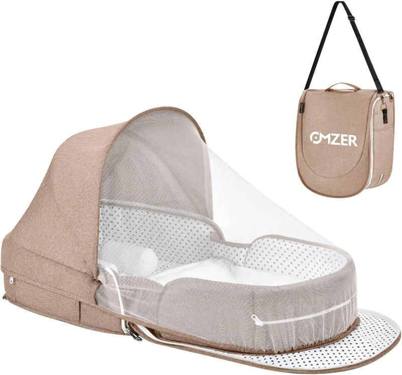 Photo 1 of Baby Travel Bassinet Portable - Foldable Carry Bag Bassinet Anti-Pressure Baby Co-Sleeping Bed Lightweight Travel Pod Infant Travel Bed with 2-1 Mosquito & Canopy Beige
