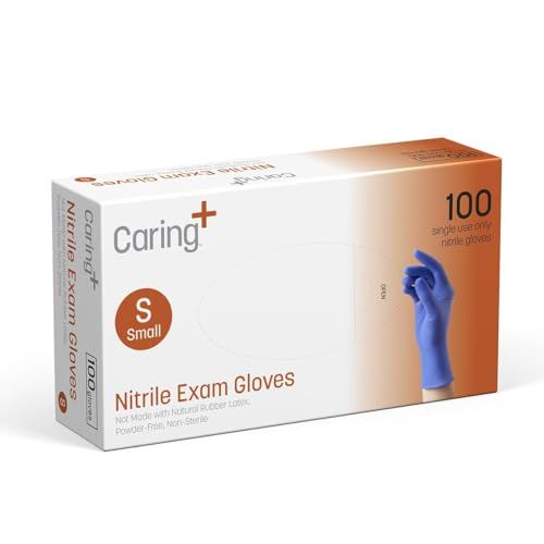 Photo 1 of [Size S] Caring Nitrile Exam Gloves (100ct), Powder Free and Not Made with Natural Rubber Latex, Gloves for Medical Use, Cleaning, Food Prep and More, Small
