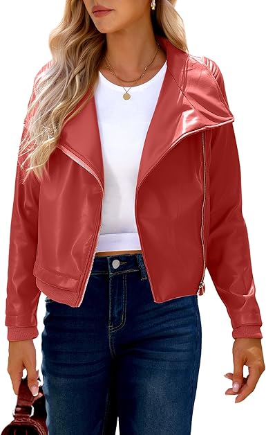 Photo 1 of [Size XL] luvamia Faux Leather Jackets for Women Zip Up Lapel Collar Motorcyle Biker Short Jacket PU Leather Blazer Long Sleeves 