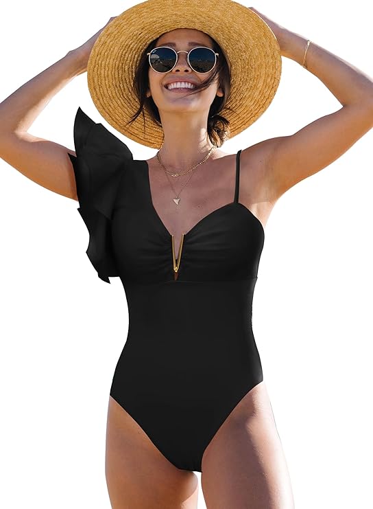 Photo 1 of [Size L] SPORLIKE Women One Piece Swimsuit Ruffle One Shoulder Bathing Suit Padded Monokini- Black