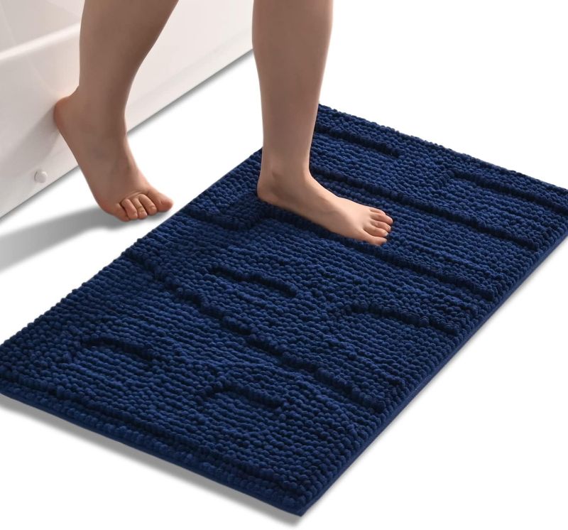 Photo 1 of QJHOMO Navy Blue Bathroom Rugs Chenille Bath Mats for Bathroom Non Slip Floor Mat, Thick Soft Shaggy Bath Rug, Super Absorbent Bathmat Quick Dry, Machine Washable Microfiber Rugs for Shower, 20 x 32 