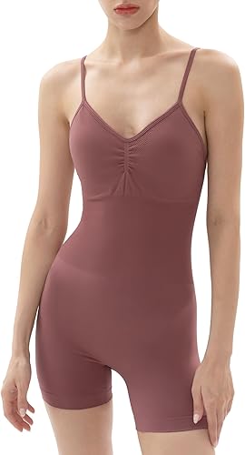 Photo 1 of [Size S] PUMIEY Women's V Neck Spaghetti Strap Jumpsuits Seamless Workout Unitard Rompers Power Collection -Marsala