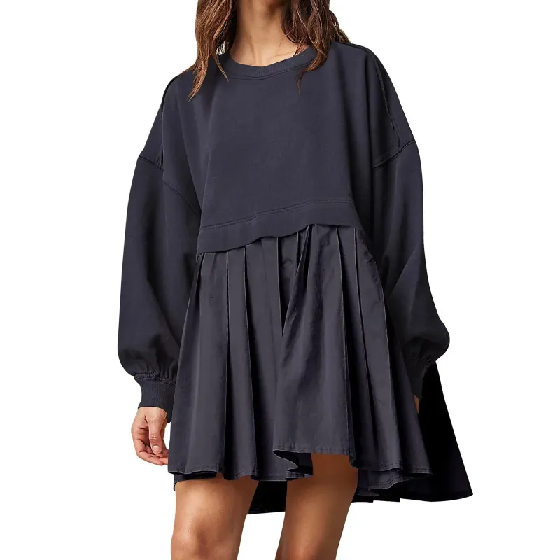 Photo 1 of [Size XL]  MISSACTIVER Women Oversized Sweatshirt Dress Patchwork Crewneck Long Sleeve Pullover Tops Flowy Pleated Sweatshirt Mini Dress- Black