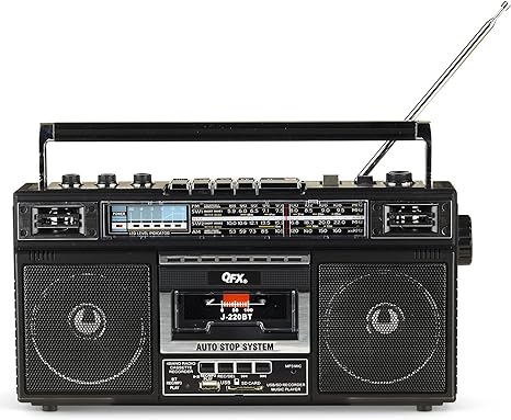 Photo 1 of QFX J-220BT Boombox MP3 Conversion from Radio to Cassette with 4-Band (AM, FM, SW1, SW2) Radio with Bluetooth, Dual 3” Speakers, Built-in Microphone, Recorder, and a 3-Band Equalizer
