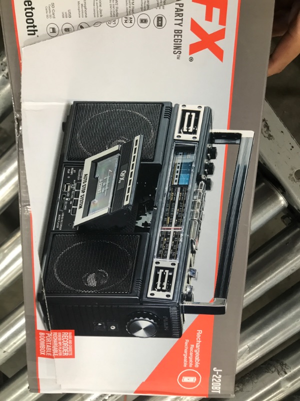 Photo 1 of QFX J-220BT Boombox MP3 Conversion from Radio to Cassette with 4-Band (AM, FM, SW1, SW2) Radio with Bluetooth, Dual 3” Speakers, Built-in Microphone, Recorder, and a 3-Band Equalizer
