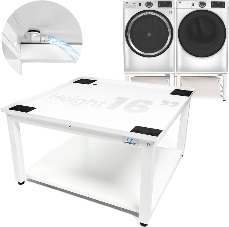 Photo 1 of | Upgraded 29” Universal Laundry Pedestal – 700lbs Capacity, Raises 16” with Built-in Drain Pan + Hose, Adjustable Feet, Anti-Vibration, Steel & Storage Shelf for Washer & Dryer (White)
