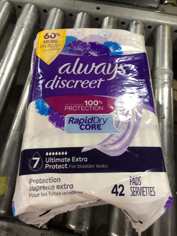 Photo 2 of Always Discreet Adult Ultimate Extra Protection Incontinence & Postpartum Pads with Rapid Dry, 42 Count x Pack of 2 (84 Count Total) (Packaging May Vary) Long (Size 7) 84