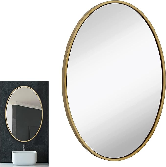 Photo 1 of  24x36 inch Oval Gold Framed Wall Mirror | Large Premium Wooden Mirror for Wall | Floating Bathroom Mirrors for Vanity and Living Room | Hanging Round Mirrors for Wall Decor