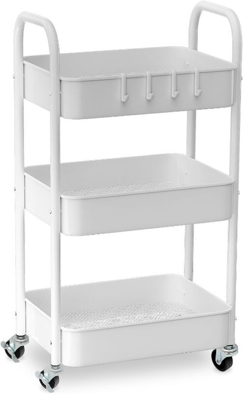 Photo 1 of 3 Tier Metal Rolling Utility Cart, White Kitchen Storage Cart with Lockable Wheels & Hooks, Multifunctional Organizer Shelf for Office, Living Room, Bathroom, Grocery
