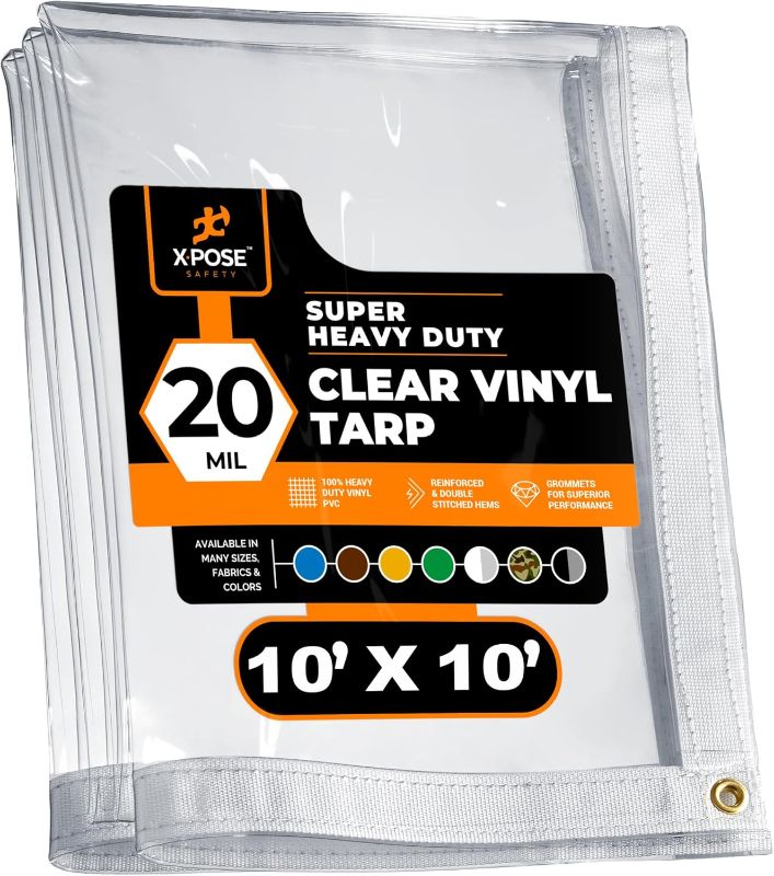 Photo 1 of 10' x 10' Clear Vinyl Tarp - Super Heavy Duty 20 Mil Transparent Waterproof PVC Tarpaulin with Brass Grommets - for Patio Enclosure, Camping, Outdoor Tent Cover, Porch Canopy - by Xpose Safety
