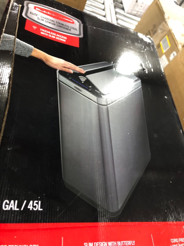 Photo 1 of Rubbermaid Elite Stainless Steel Slim Sensor Trash Can, 11.8-Gallon, Batteries Included, Charcoal, Wastebasket for Home/Kitchen/Hotel/Lobby