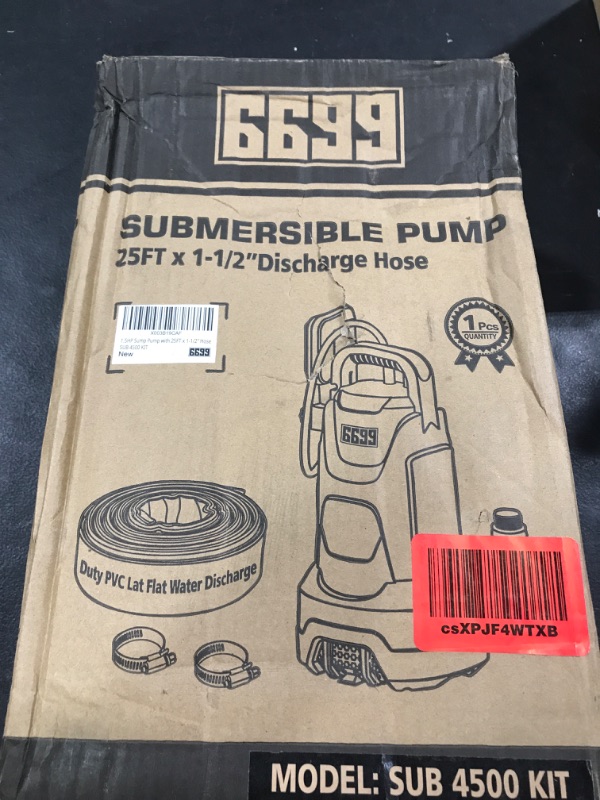 Photo 2 of 6699 1.5 HP Handy Submersible Utility Pump with 25FT 1-1/2” Heavy Duty PVC Lay Flat Hose Easy to Install for Removing Clean/Dirty Water from Pool Pond Flooded Basement Rain Barrel SUB 4500 Kit