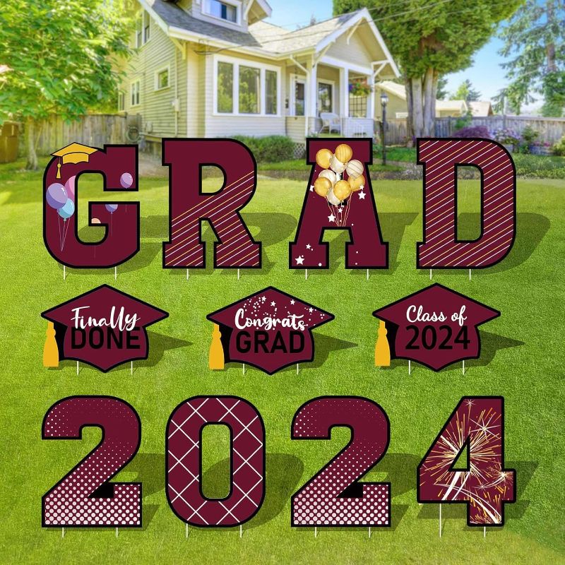 Photo 1 of 11 Pieces Graduation Yard Sign Decorations - Congrats Graduation Lawn Signs Class of 2024 Grad Yard Signs with 22 Stakes for Outdoor Congrats Graduation Party Decoration Supplies (Red 01) 