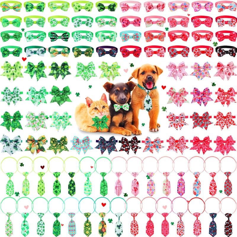 Photo 1 of 100 Pcs Valentine's Day Dog Bow Ties St. Patrick's Day Dog Collars Set, Romantic Clover Green Pet Neckties and Grooming Bowtie with Adjustable Buckle for Small Middle Dog Holiday Decorations 