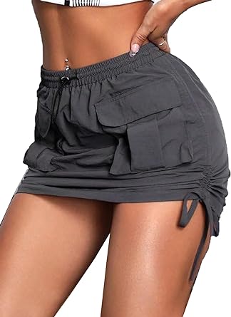 Photo 1 of Milumia Women Low Waist Cargo Mini Skirt Y2k Drawstring Short Skirts with Pockets---LARGE