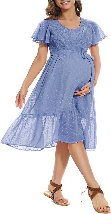 Photo 1 of Boho Flutter Short Sleeve V-Neck Maternity Midi Dress for Baby Shower/Photoshoot?Swiss Dot Maternity Dress Blue--MED