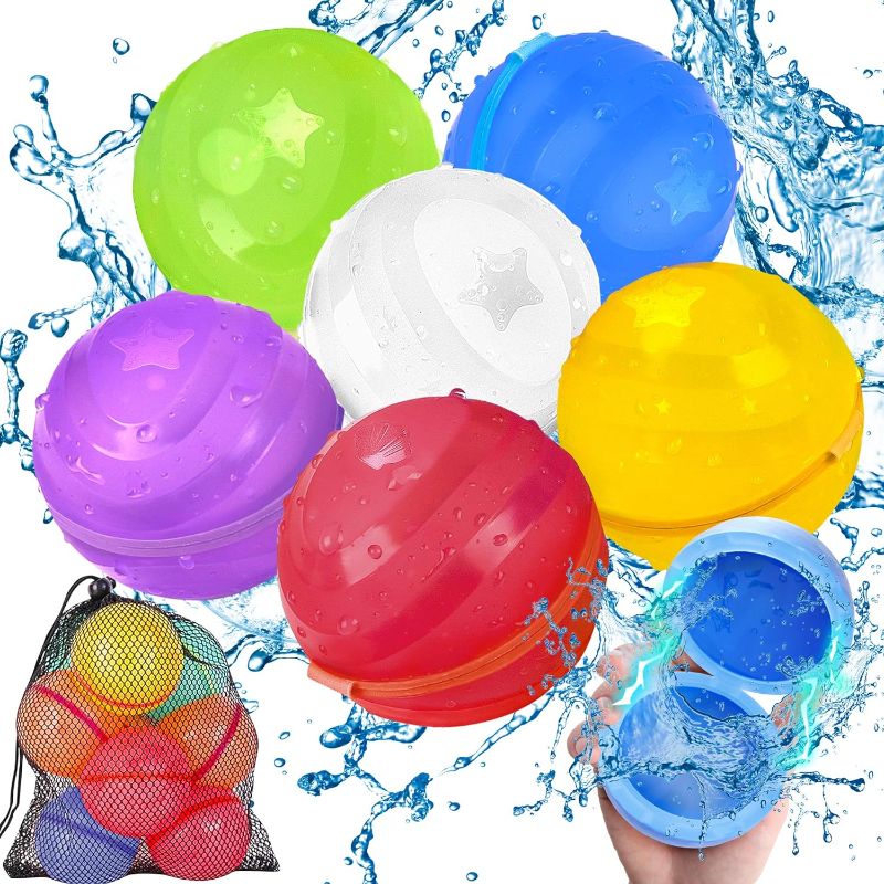 Photo 1 of Leedpart 6 Pcs Reusable Water Bomb Balloons, Magnetic Refillable Water Balls for Kids with Mesh Bag, Quick Fill Self-Sealing Silicone Water Bombs, Outdoor Summer Water Toys, Water Fight Games 