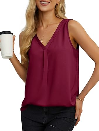 Photo 1 of AWULIFFAN Womens Sleeveless Chiffon Tank Tops V Neck Pleated Casual Summer Tank Blouse---med