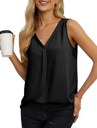 Photo 1 of AWULIFFAN Womens Sleeveless Chiffon Tank Tops V Neck Pleated Casual Summer Tank Blouse--XL