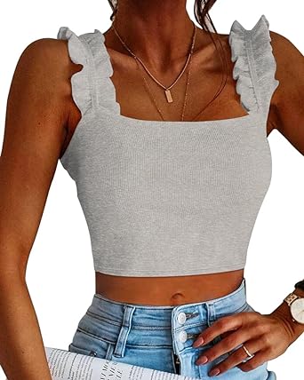 Photo 1 of CLOZOZ Cute Crop Tops for Women Tank Tops Ribbed Ruffle Strap Square Neck Womens Trendy Going Out Preppy Tops--med
