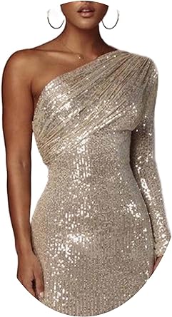Photo 1 of Woeoe Women's Sexy Glitter Sequin Dress Long Sleeve Bodycon Party Dress Stretchy One Shoulder Cocktail Night Club Outfits --MED