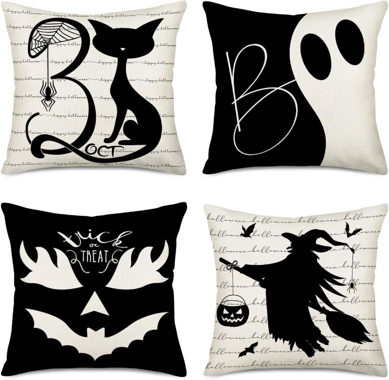 Photo 1 of Easternproject Halloween Boo Throw Pillow Covers Set of 4 16x16 Inch October 31 Cat Trick or Treat Evil Pumpkin Ghost Witch Halloween Fall Farmhouse Decorations Pillows Cushion Cases Black White