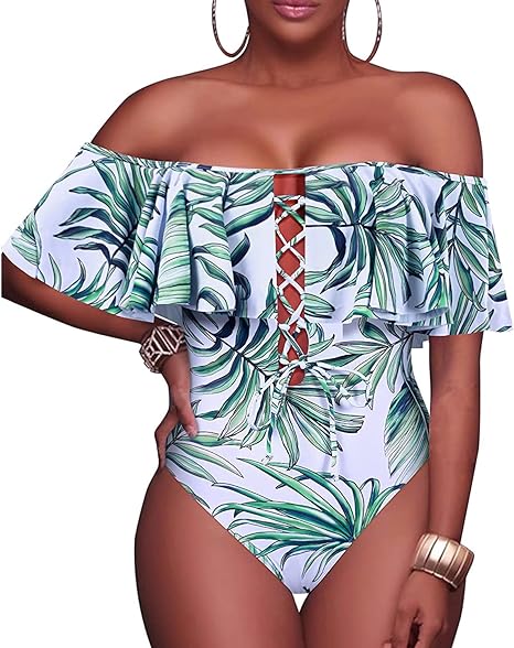 Photo 1 of Tempt Me Women Sexy One Piece Swimsuit Ruffled Off Shoulder Lace Up Bathing Suit ---XS