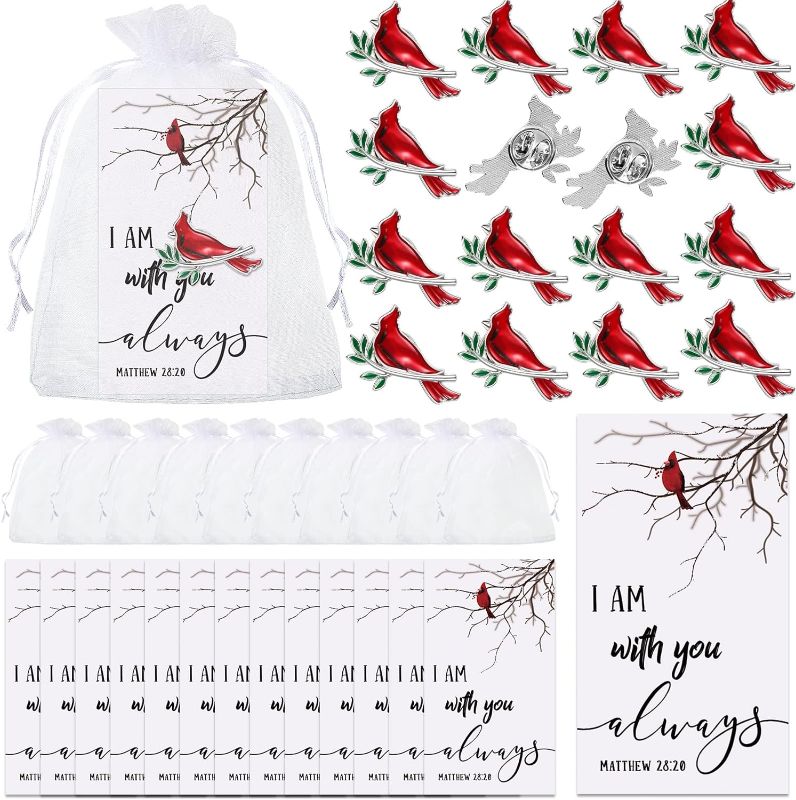 Photo 1 of Set of 50 Memorial Cardinal Sign Pins Set Funeral Pocket Token Guardian Pocket Oil Dropped Cardinal Pins I Am with You Always Poem Cards White Organza Bags Gift Bag Cardinal Charms Presents Religious 