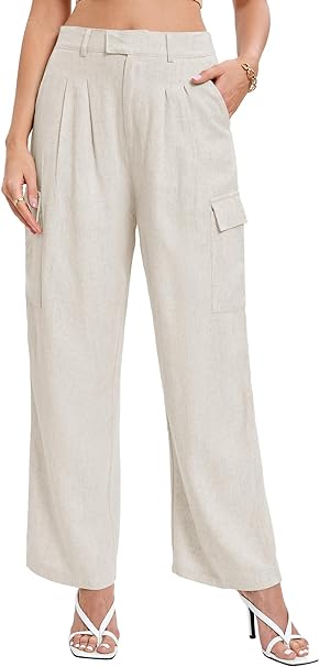 Photo 1 of Famulily Comfy Pleated Linen Pants for Women Casual High Waisted Wide Leg Cargo Pants with Pockets--XXL