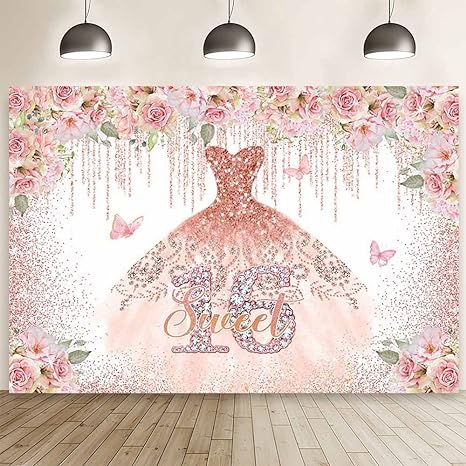 Photo 1 of Limited-time deal: MEHOFOND 10x7ft Sweet 16 Birthday Backdrop Pink Floral Rose Gold Bokeh Dripping Photography Background Glitter Dots Princess Bday Party Decoration Butterfly Decor Banner Cake Smash Photo Studio Props