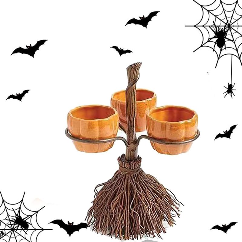 Photo 1 of BWDCQMX Halloween Candy Holder Cupcake Stand Pumpkin Bowl Halloween Decor Witch Broom Design Candy Holder Orange Halloween Table Centerpieces Cute Decor for Halloween Parties 