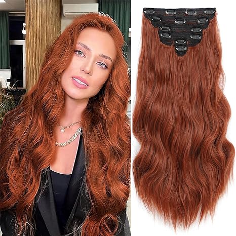 Photo 1 of Clip in Hair Extensions 6 PCS Natural Soft Hair Blends Well Hair Extensions 20 Inch Auburn Long Wavy Hairpieces for Women 