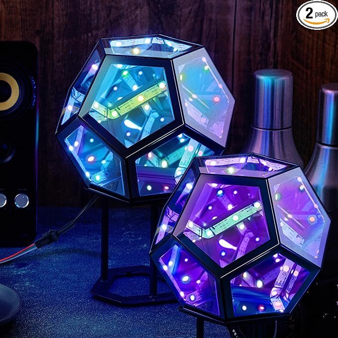 Photo 1 of Glooglitter 2 Pcs Infinity Mirror Light LED Dodecahedron Gaming Light USB Charging Infinity Glow Lamp with 7 Colors for Computer Desk Table Room Decor Adults Kids Birthday Gift 