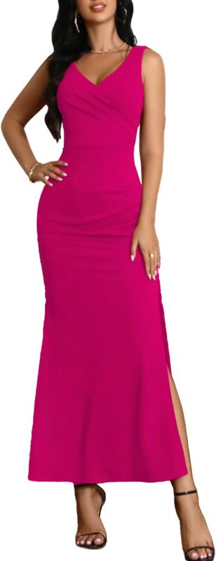 Photo 1 of CORSKI Women's V Neck Split Sleeveless Formal Dress Ruched Bodycon Elegant Wedding Cocktail Evening Party Long Dresses---xxl