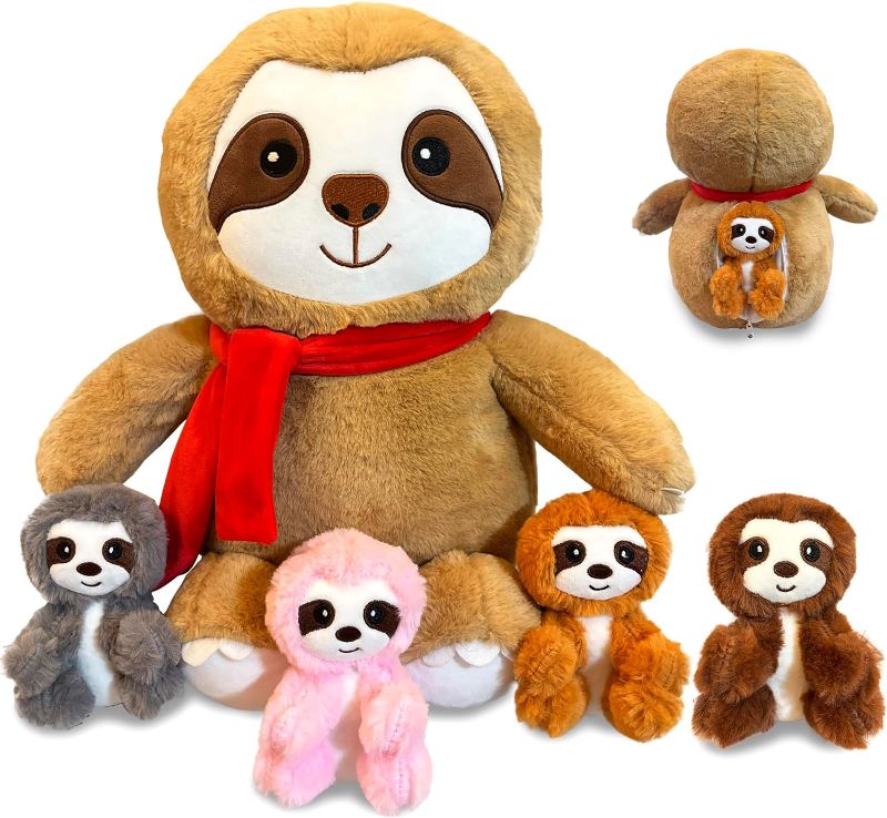Photo 1 of noeofiifo Plush Sloth Mommy Stuffed Animal with 4 Babies Inside Belly, 5 PCS Sloth Series Plushies Toys Cuddly Huggable, Sloth with Winter Scarf for Birthday 